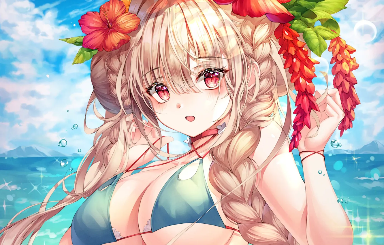 Photo wallpaper girl, sexy, cleavage, long hair, sea, boobs, anime, flowers