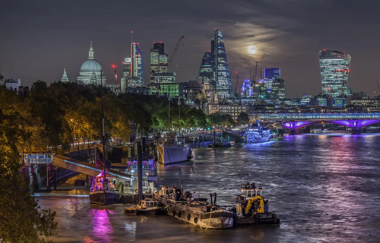 Photo wallpaper night, bridge, lights, river, the moon, England, London, home