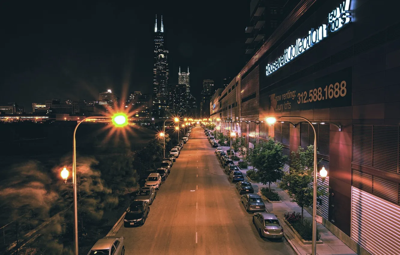 Photo wallpaper road, night, lights, skyscrapers, Chicago, lights, USA, Chicago