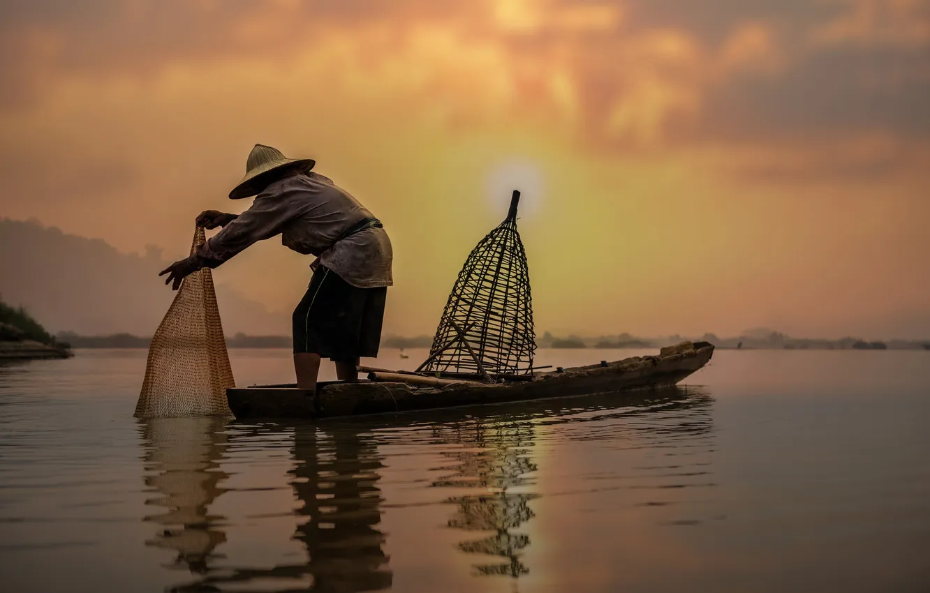 Photo wallpaper clouds, sunset, reflection, fisherman, hat, mirror, Canoeing, fishnet