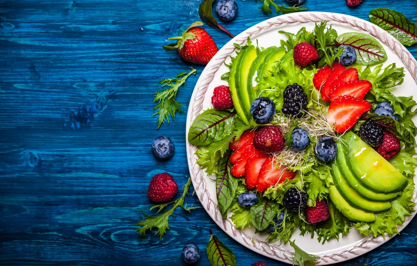 Photo wallpaper dish, slices, berries, greens, fruit, cutting