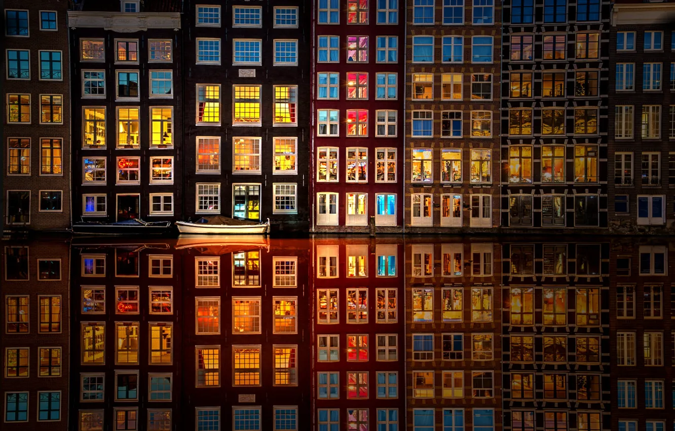 Photo wallpaper reflection, boat, home, window, channel