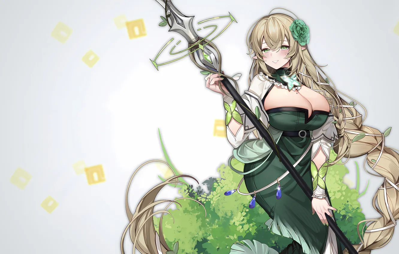 Photo wallpaper girl, sexy, game, cleavage, green eyes, long hair, dress, boobs