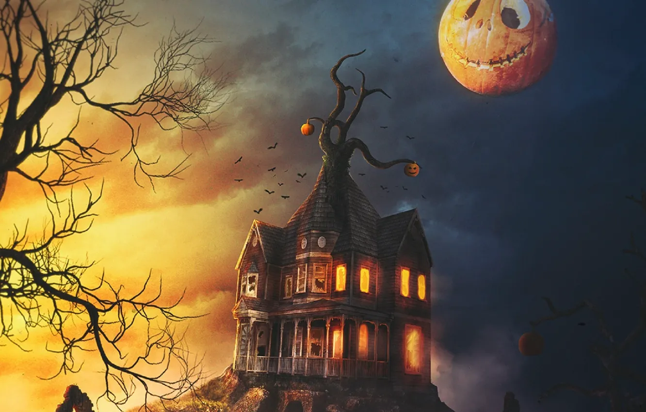 Photo wallpaper Halloween, abandoned house, Jack, pumpkin evil, hell of a grin, dark place, black crows, gnarled …