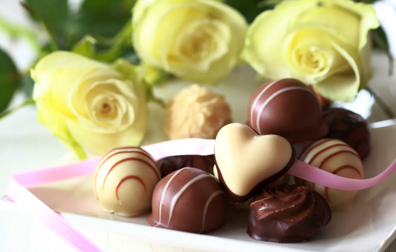 Photo wallpaper white, flowers, yellow, chocolate, roses, candy, sweets, dessert