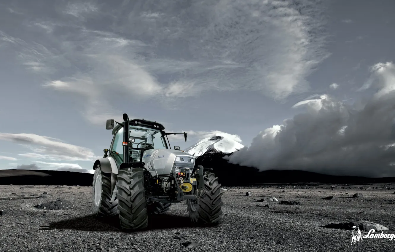 Photo wallpaper white, the sky, clouds, wheel, tractor, cabin, Lamborghimi, agricultural machinery