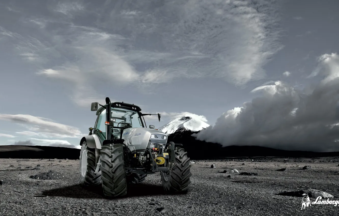 Photo wallpaper white, the sky, clouds, tractor, cabin, wheel, Lamborghimi, agricultural machinery
