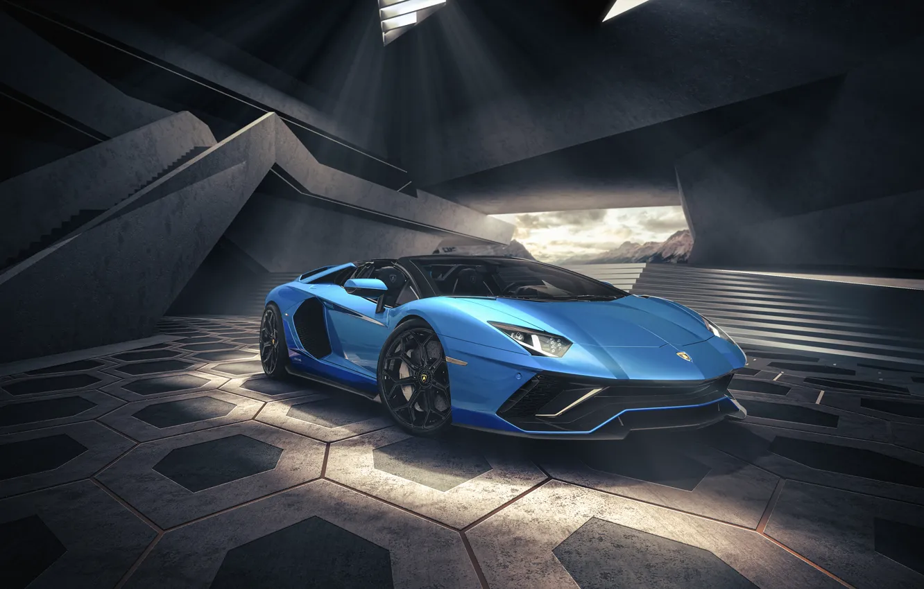 Photo wallpaper blue, Roadster, Lamborghini, supercar, Roadster, blue, Aventador, Lamborghini