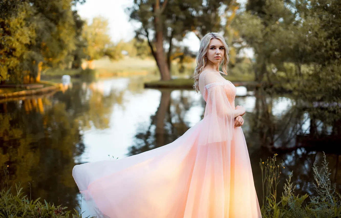 Photo wallpaper look, girl, trees, nature, dress, blonde, pond, curls