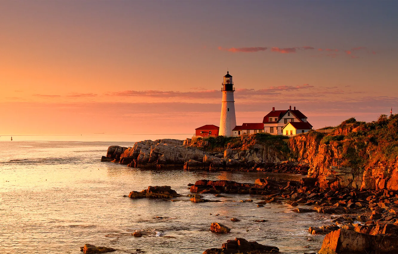 Photo wallpaper sea, sunset, house, lighthouse, glow, Cape