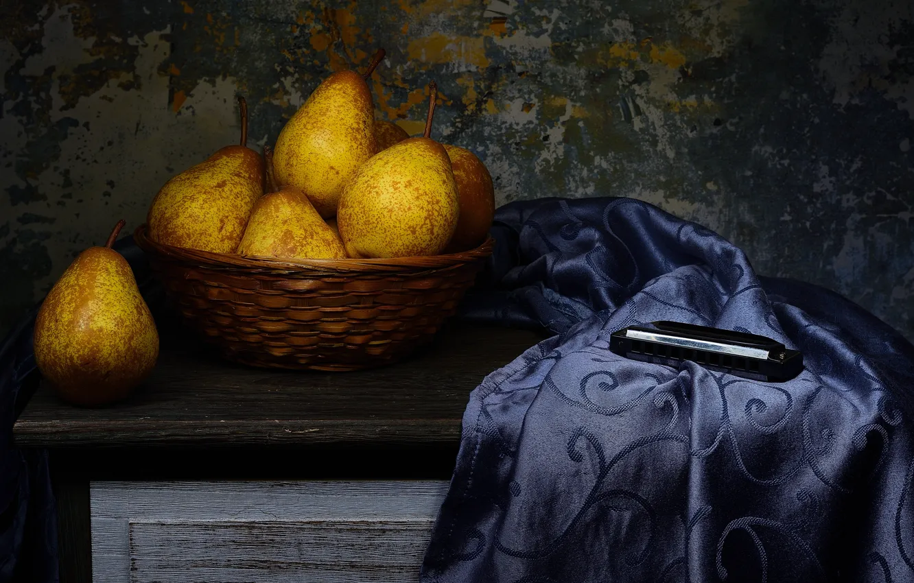 Photo wallpaper the dark background, still life, table, pear