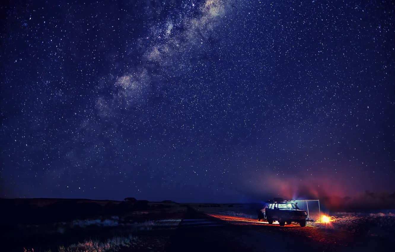 Photo wallpaper winter, the sky, stars, snow, night, car