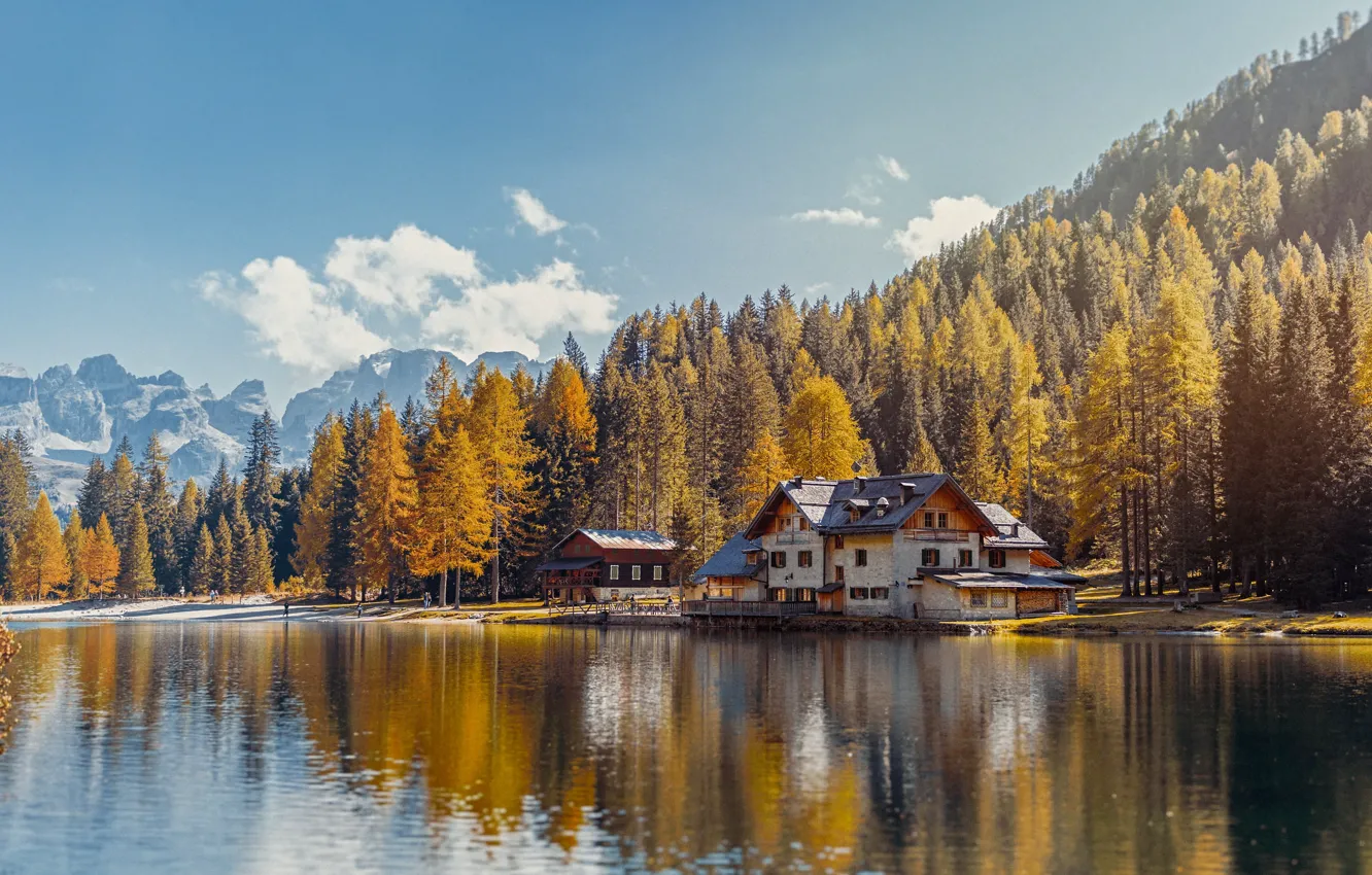 Photo wallpaper autumn, forest, landscape, mountains, nature, lake, cottage