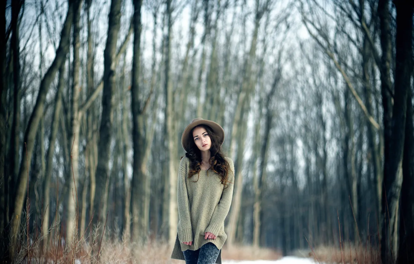 Photo wallpaper forest, hat, the beauty, sweater