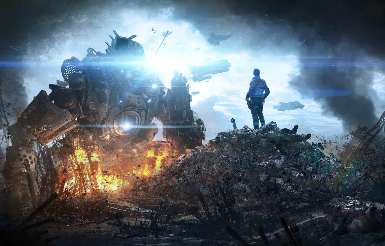 Photo wallpaper the sky, clouds, light, lights, flame, smoke, ship, robot