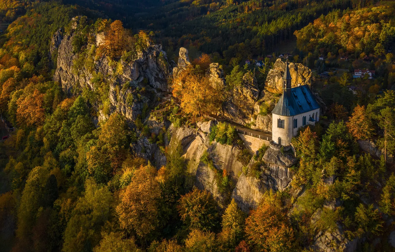 Photo wallpaper autumn, forest, trees, mountains, old, castle, rocks, height