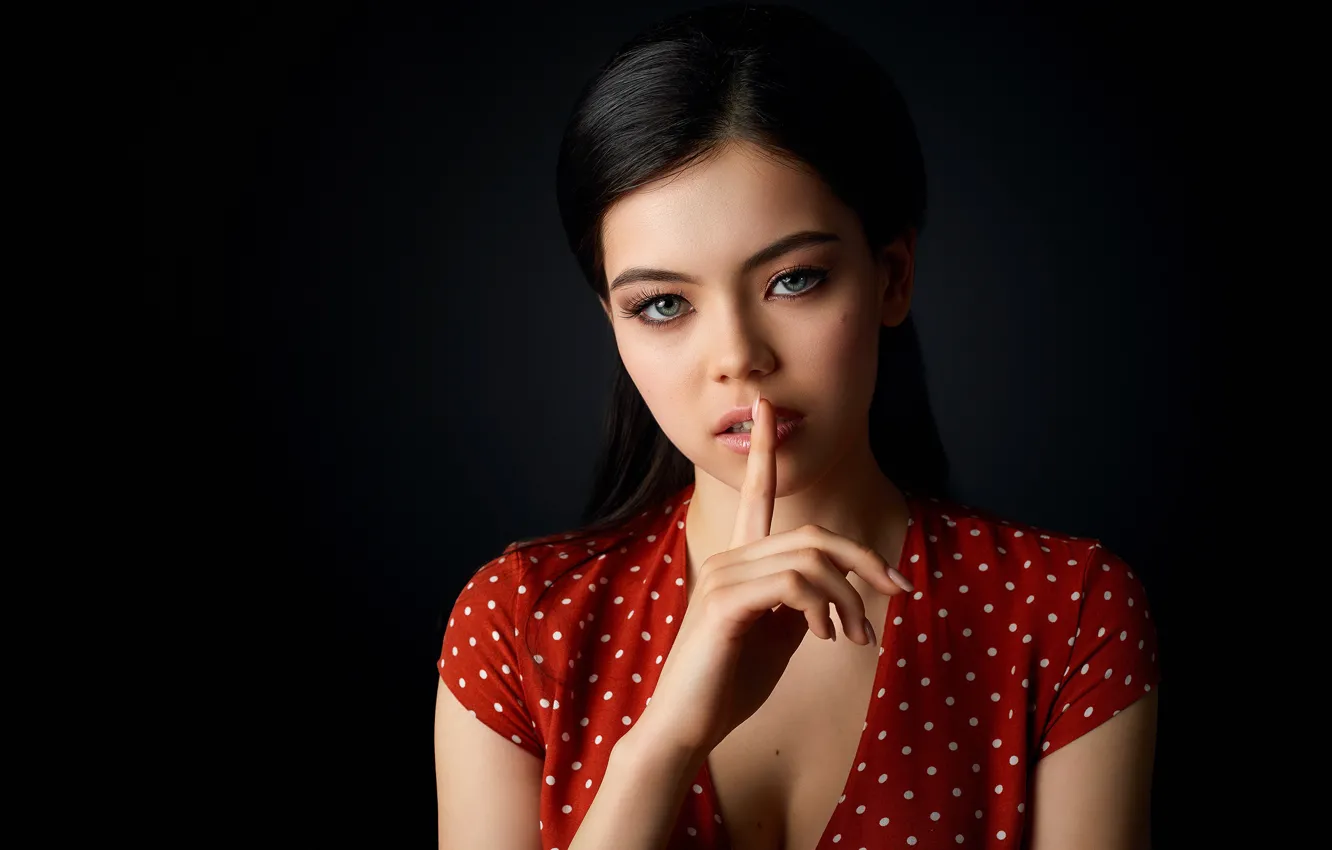 Photo wallpaper look, girl, face, portrait, polka dot, hands, brunette, gesture