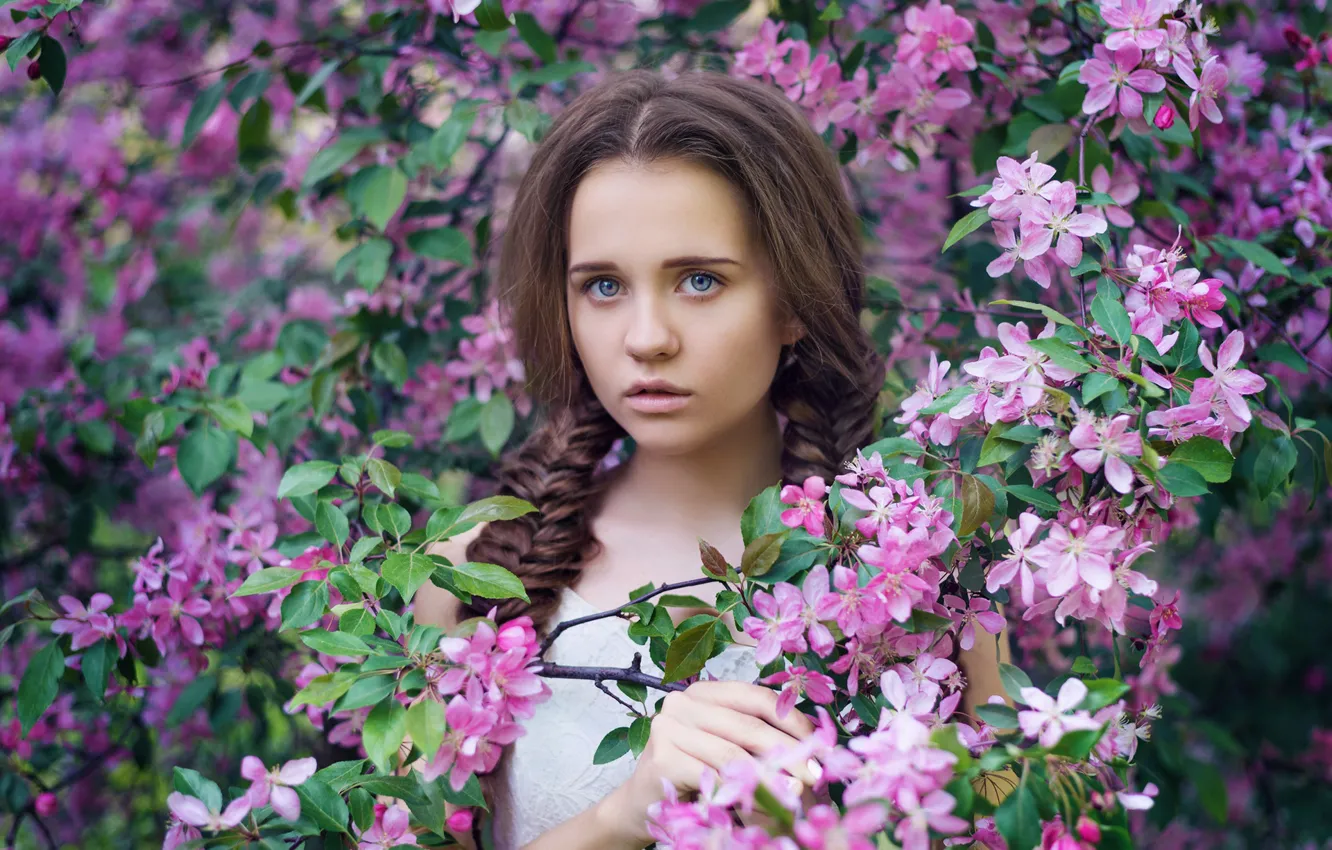 Photo wallpaper look, flowers, branches, face, mood, spring, braid, Apple