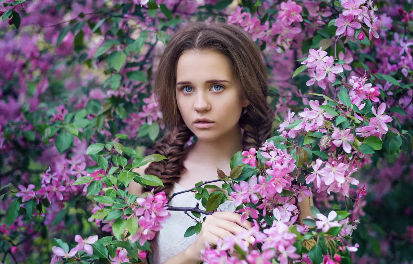 Photo wallpaper look, branches, face, mood, spring, Apple, flowering, flowers