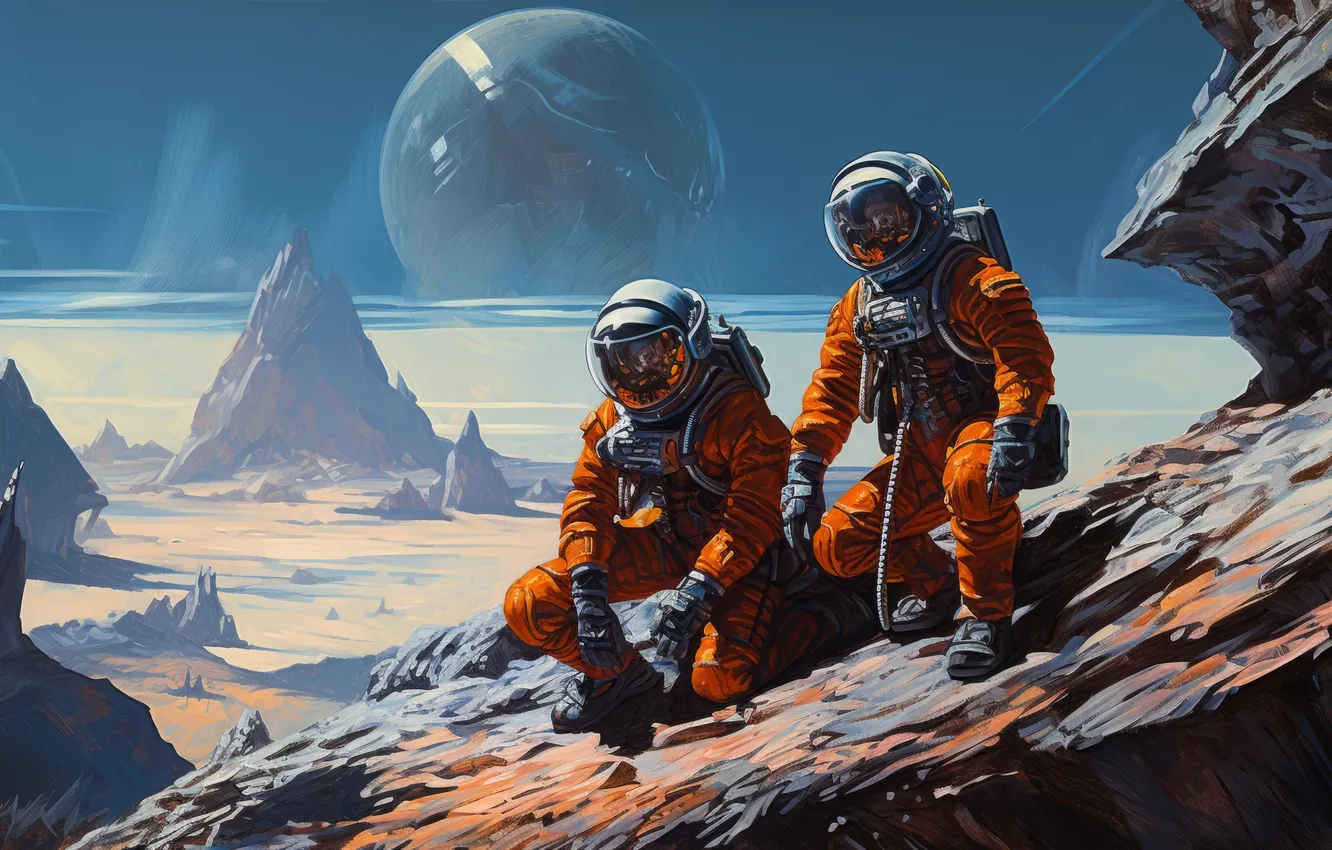 Photo wallpaper science fiction, orange, digital art, Illustration, astronaut, retro style, spacesuit, 1950s