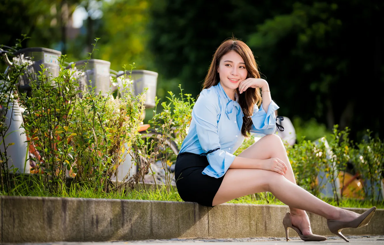 Photo wallpaper skirt, blouse, legs, Asian, sitting