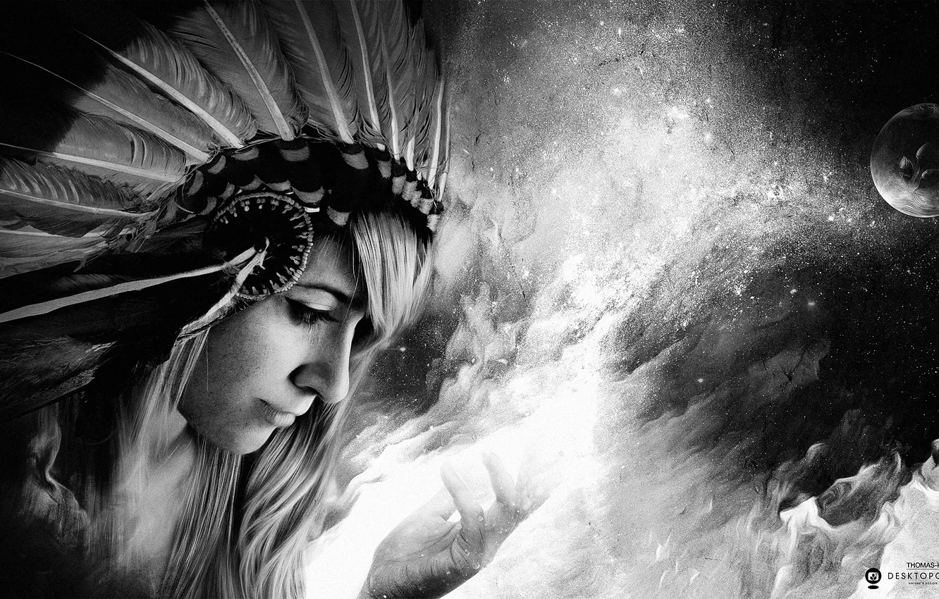 Photo wallpaper girl, space, stars, feathers, desktopography