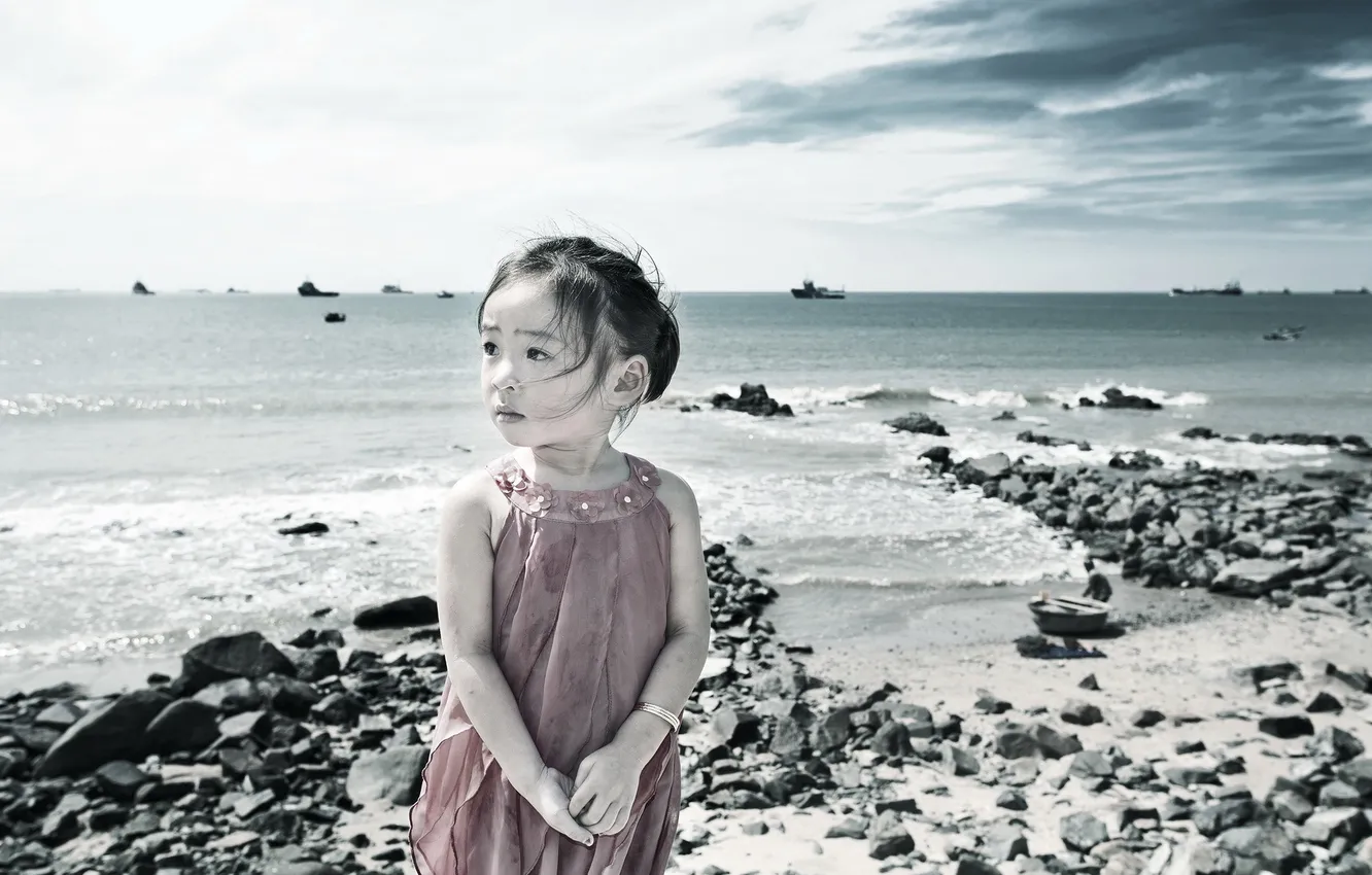 Photo wallpaper sea, mood, girl