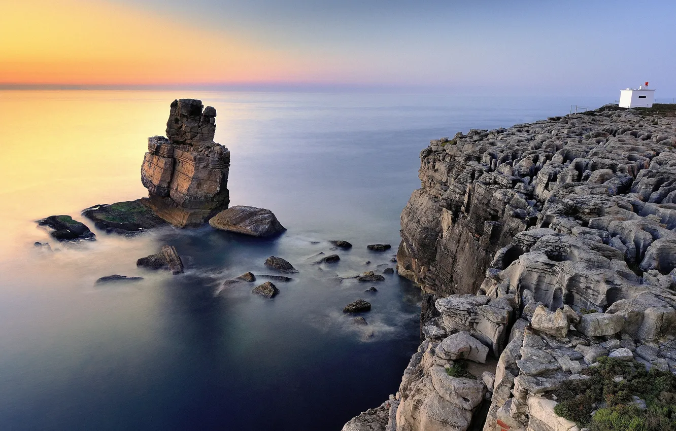Photo wallpaper beach, rock, stones, the ocean, dawn, lighthouse, Portugal