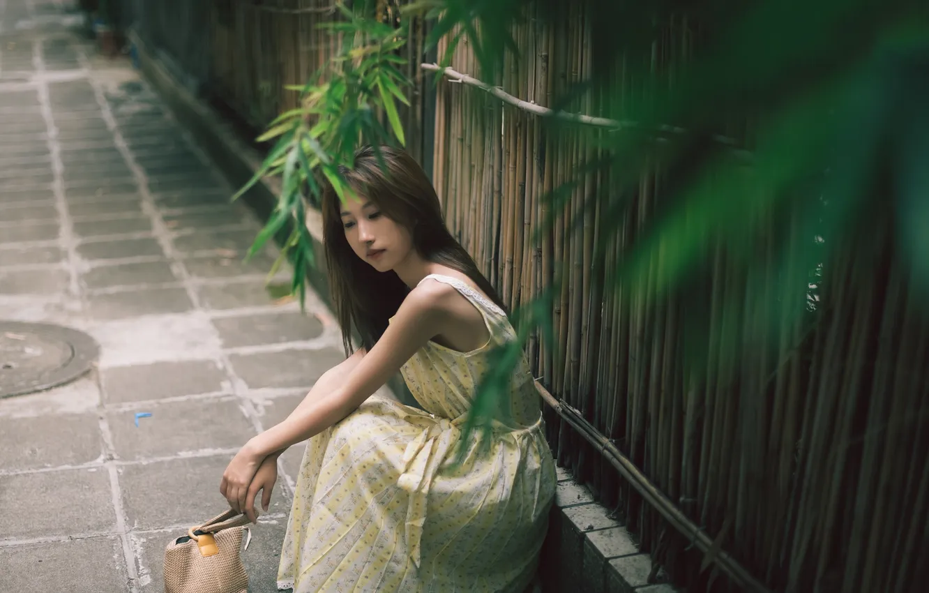 Photo wallpaper woman, beautiful, model, pretty, fence, asian, plant, cute