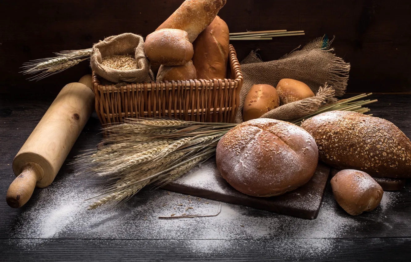 Photo wallpaper food, wheat, basket, flour, rolling pin, Bread