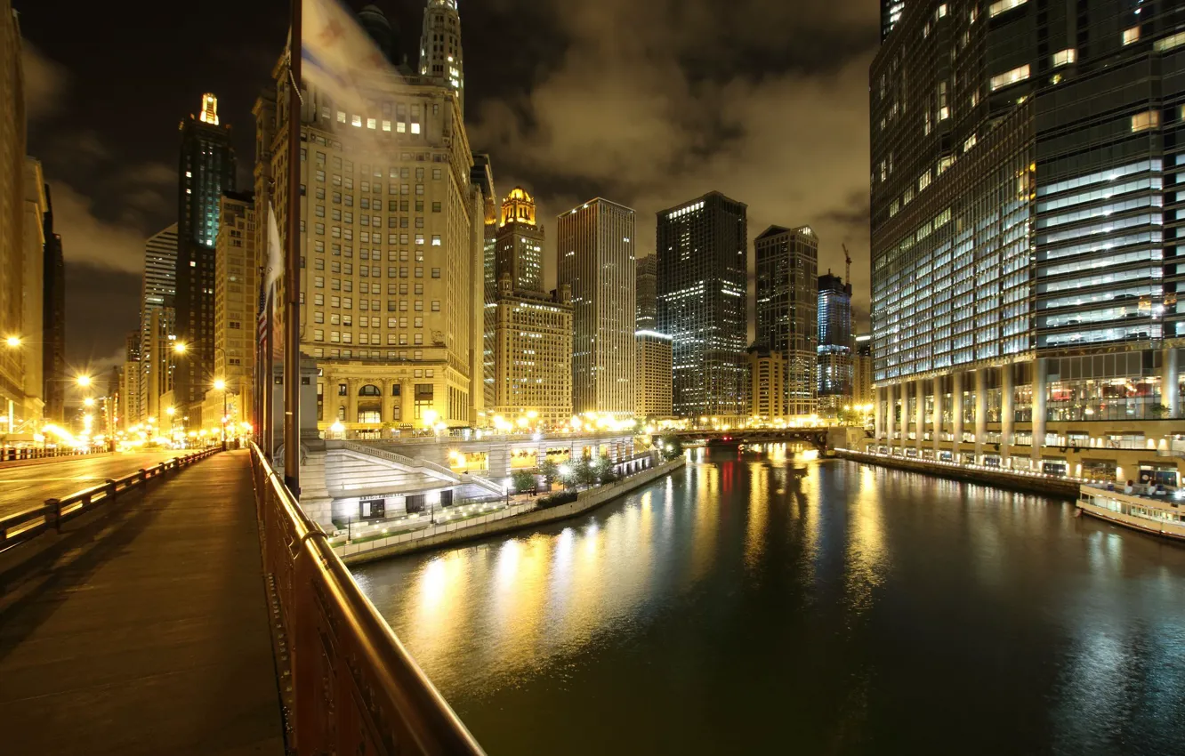 Photo wallpaper night, the city, lights, river, skyscrapers, Chicago, Illinois