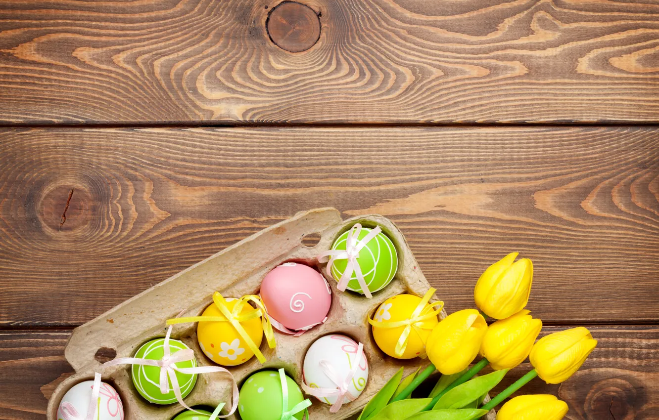 Photo wallpaper Easter, tulips, yellow, wood, tulips, spring, Easter, eggs