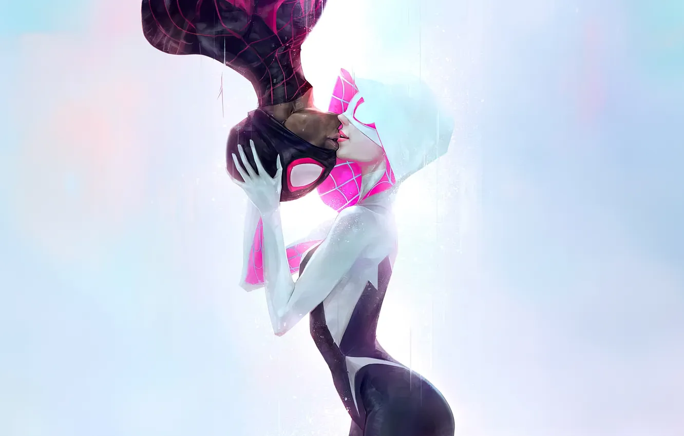 Photo wallpaper love, joy, Spiderman, together, light background, hug, amazing, Spider Man