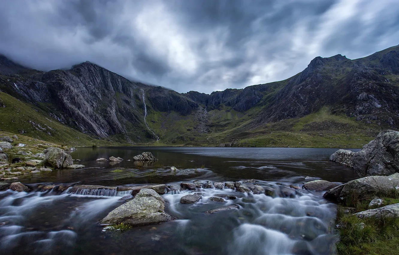 Photo wallpaper clouds, mountains, river