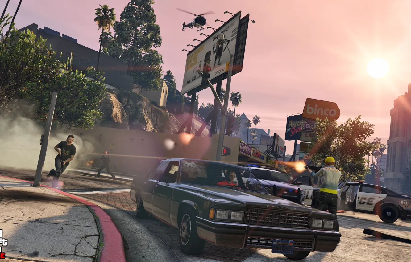 Photo wallpaper machine, police, helicopter, shootout, Grand Theft Auto V, gta 5, gta online
