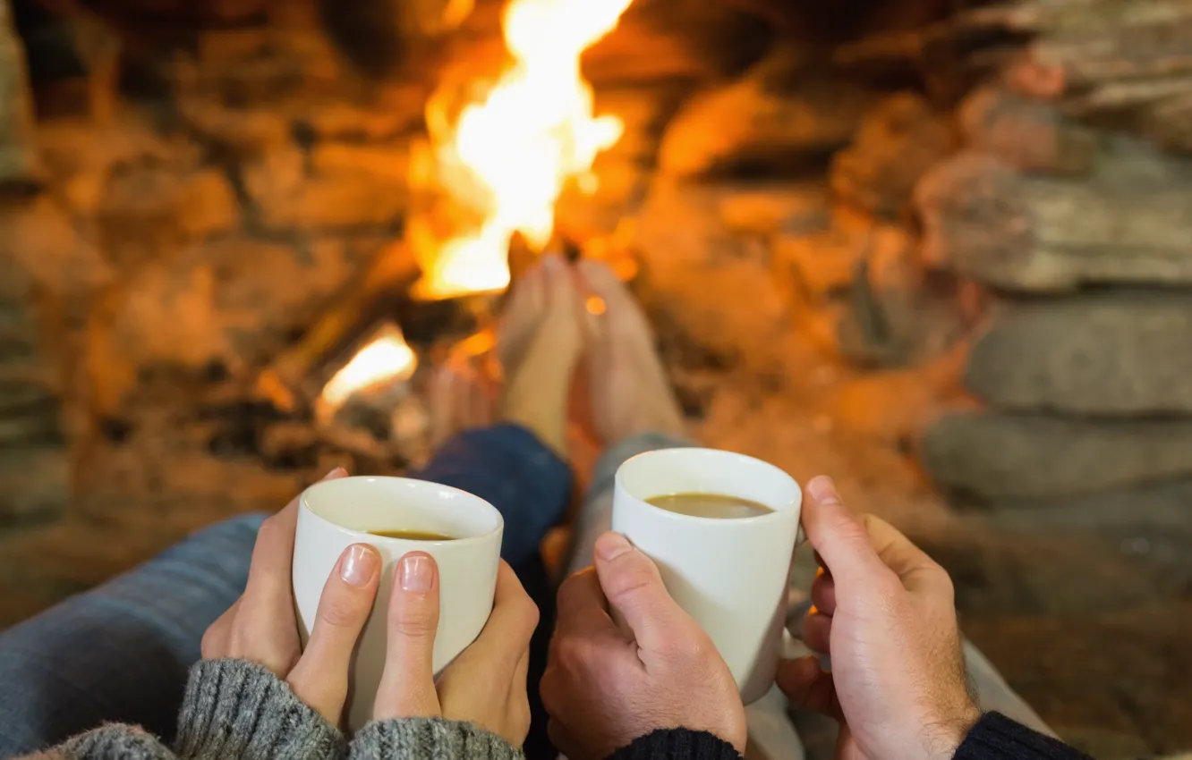 Photo wallpaper heat, coffee, hands, pair, mug, fireplace, two, hearth