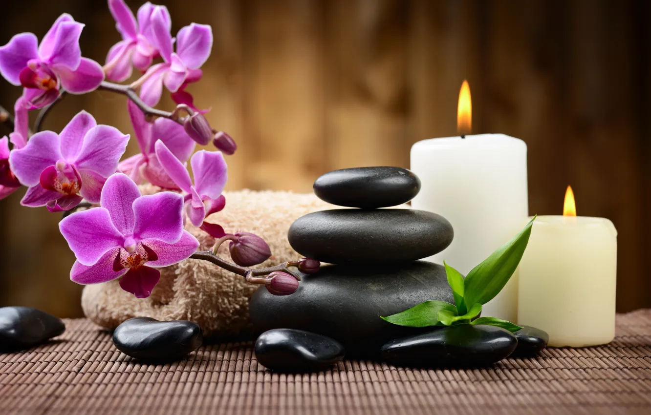 Photo wallpaper flowers, stones, fire, candles, Orchid, Spa, bokeh