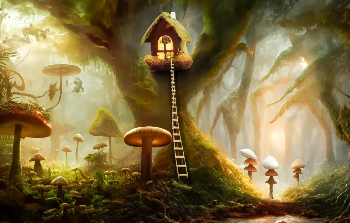 Photo wallpaper house, grass, forest, magic, art, mushroom, Biome, lighting