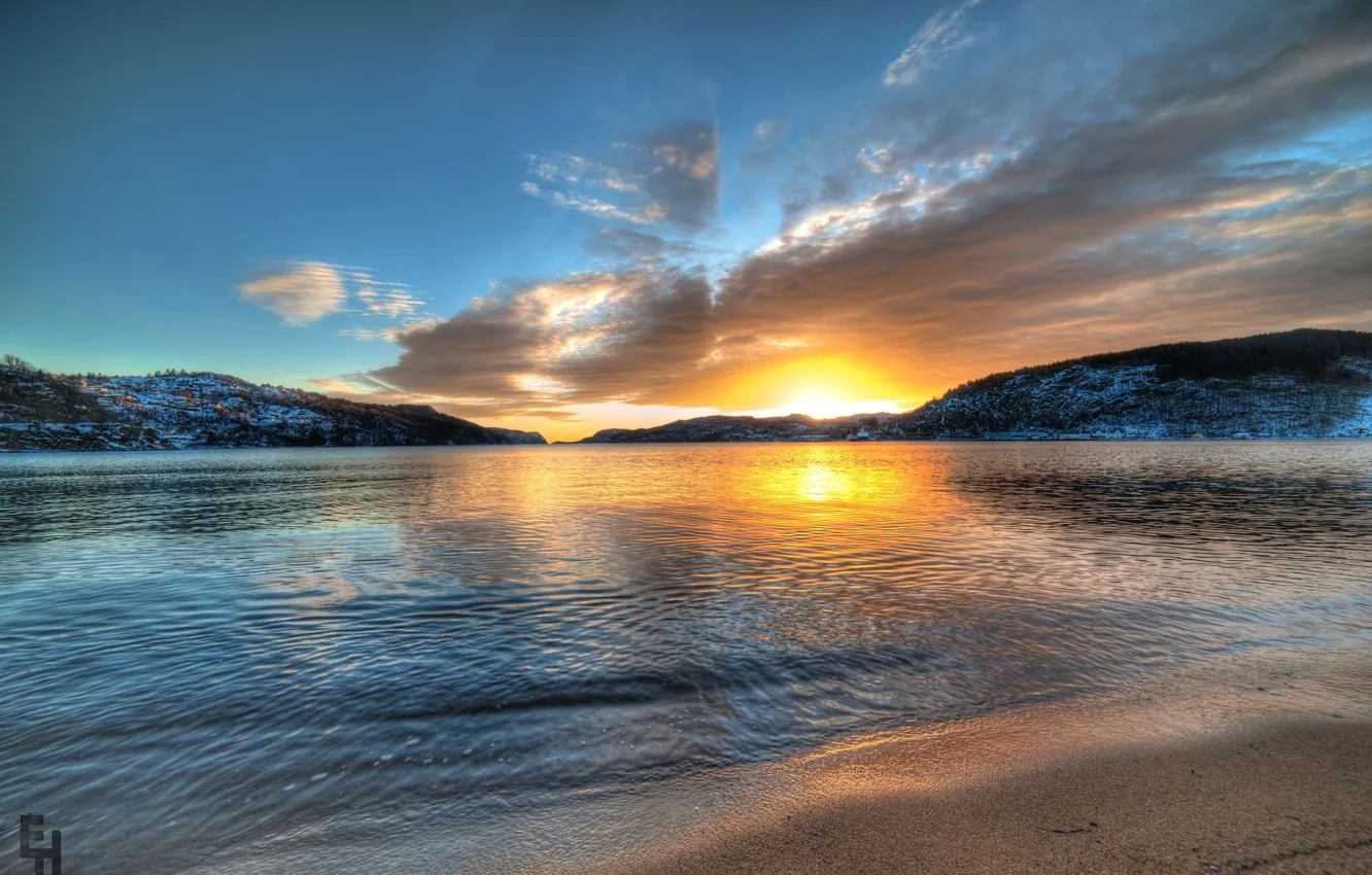 Photo wallpaper sunset, mountains, lake, Norway, Norway