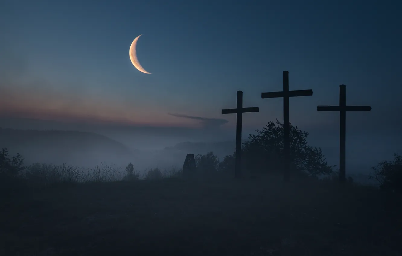 Photo wallpaper the sky, landscape, night, fog, darkness, the moon, the darkness, graves