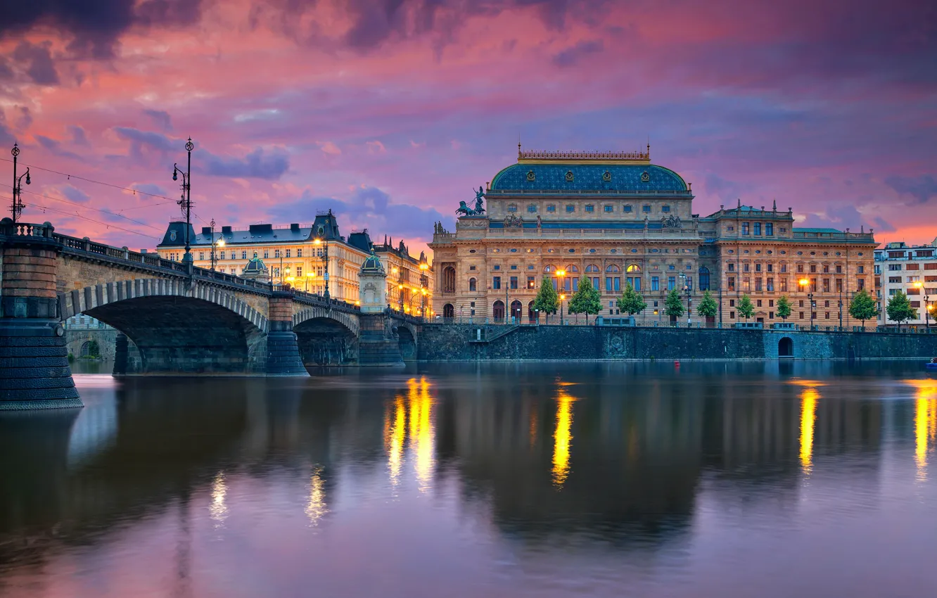 Photo wallpaper bridge, river, home, the evening, Prague, Czech Republic