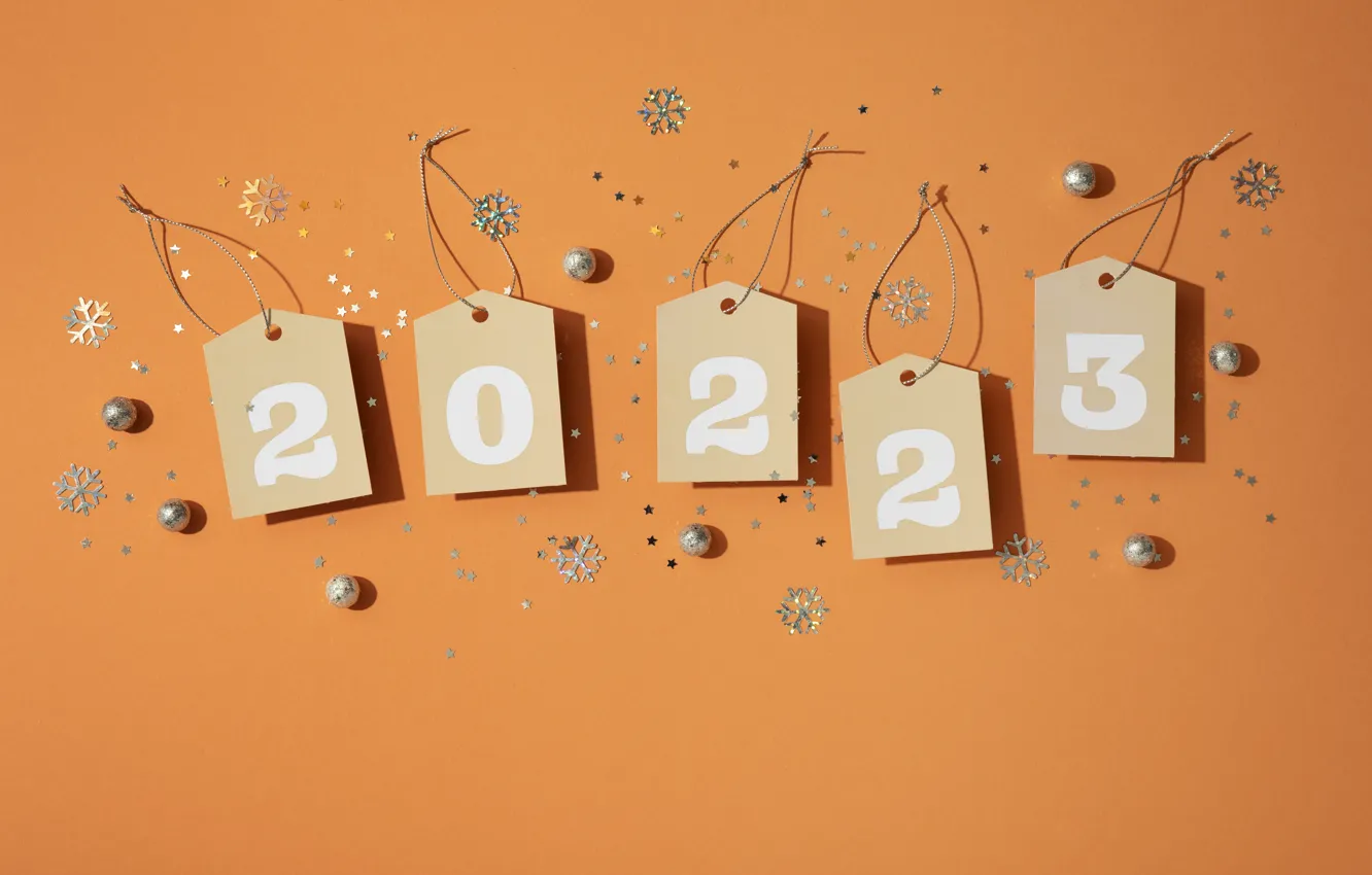 Photo wallpaper balls, snowflakes, holiday, new year, sequins, figures, placer, orange background