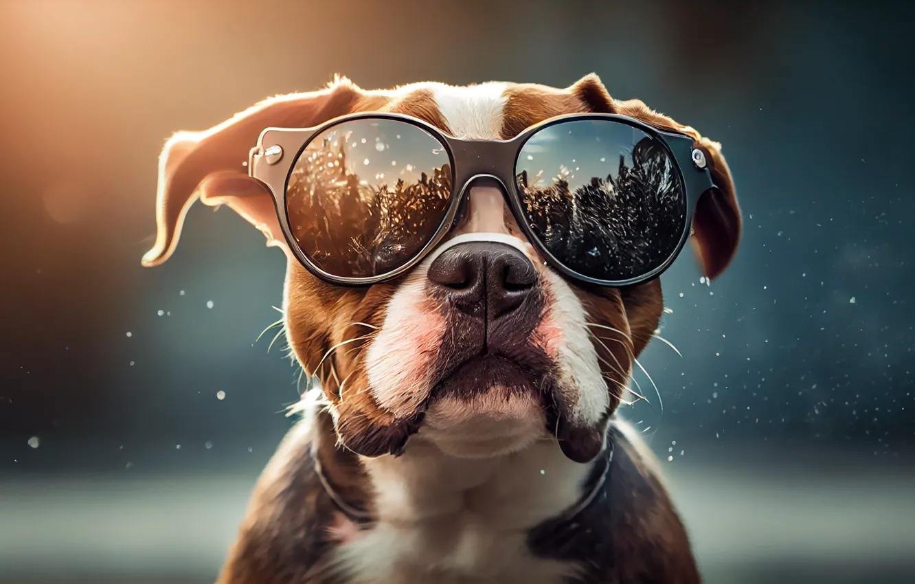Photo wallpaper Water, Dog, Look, Bulldog, Face, Digital art, Sunglasses, AI art