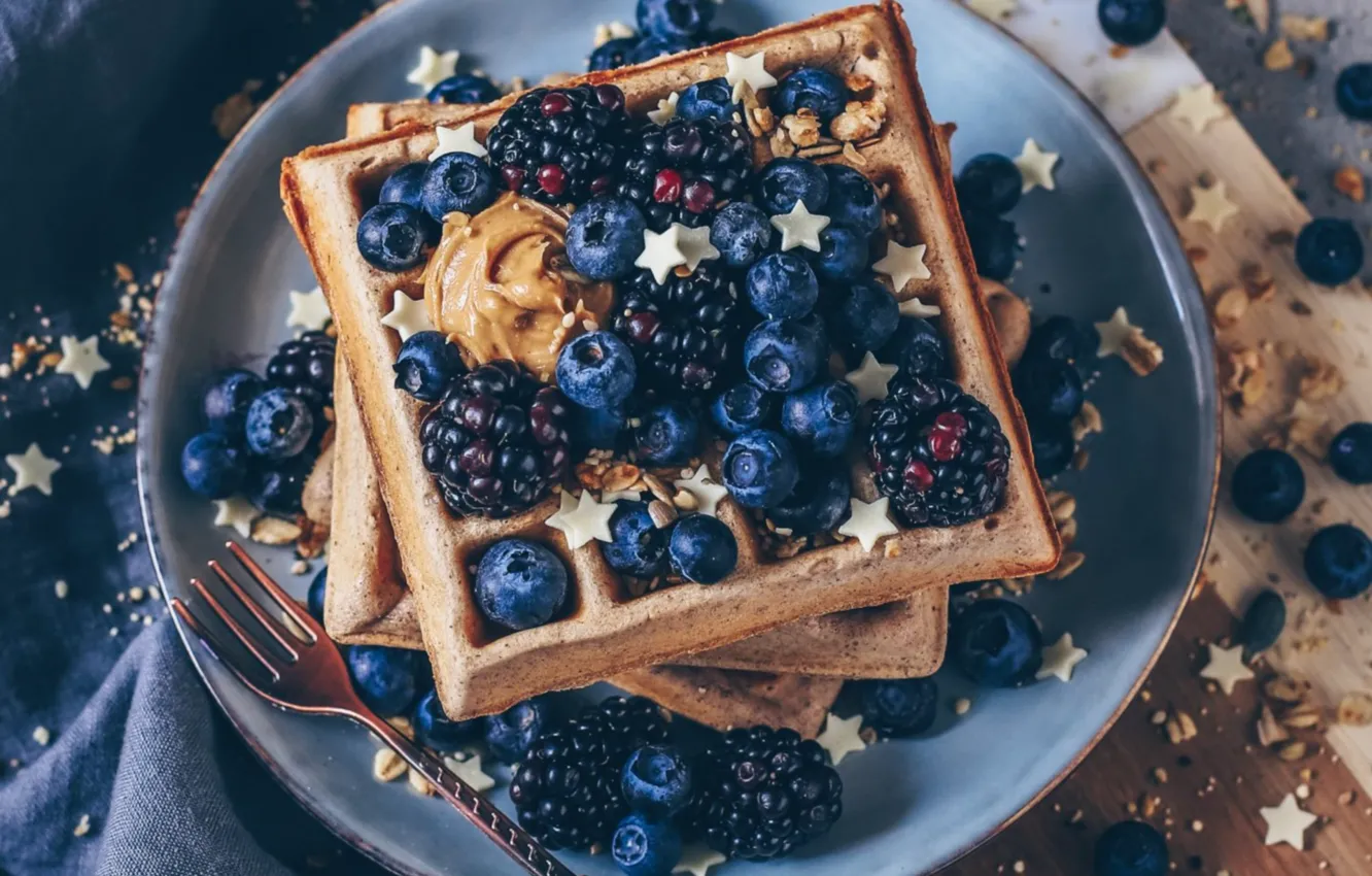 Photo wallpaper berries, waffles, BlackBerry, blueberries