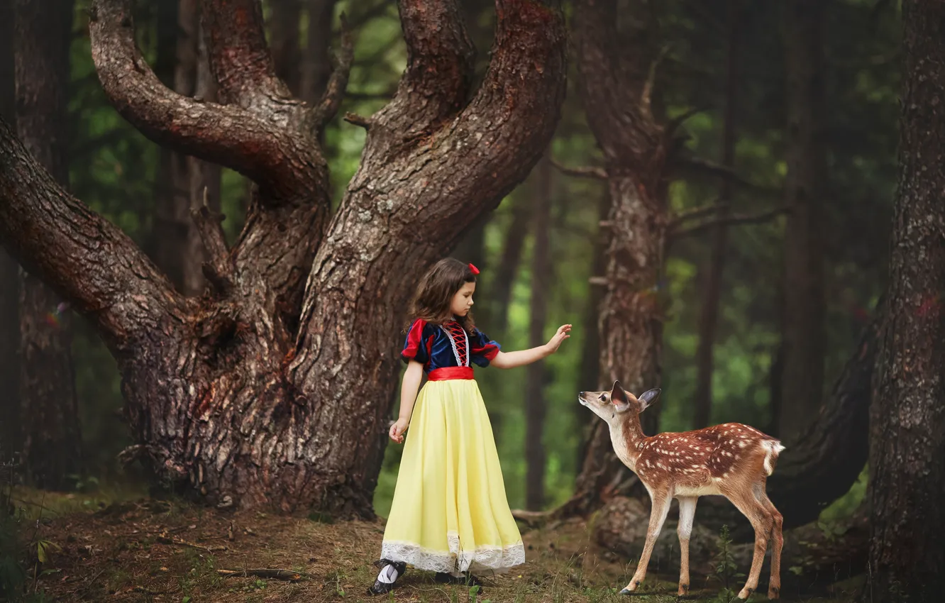 Photo wallpaper forest, trees, nature, animal, dress, girl, outfit, child
