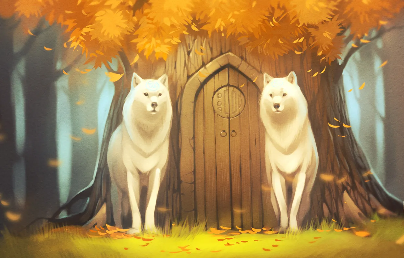 Photo wallpaper forest, tree, wolf, the door, art, tree, white wolves