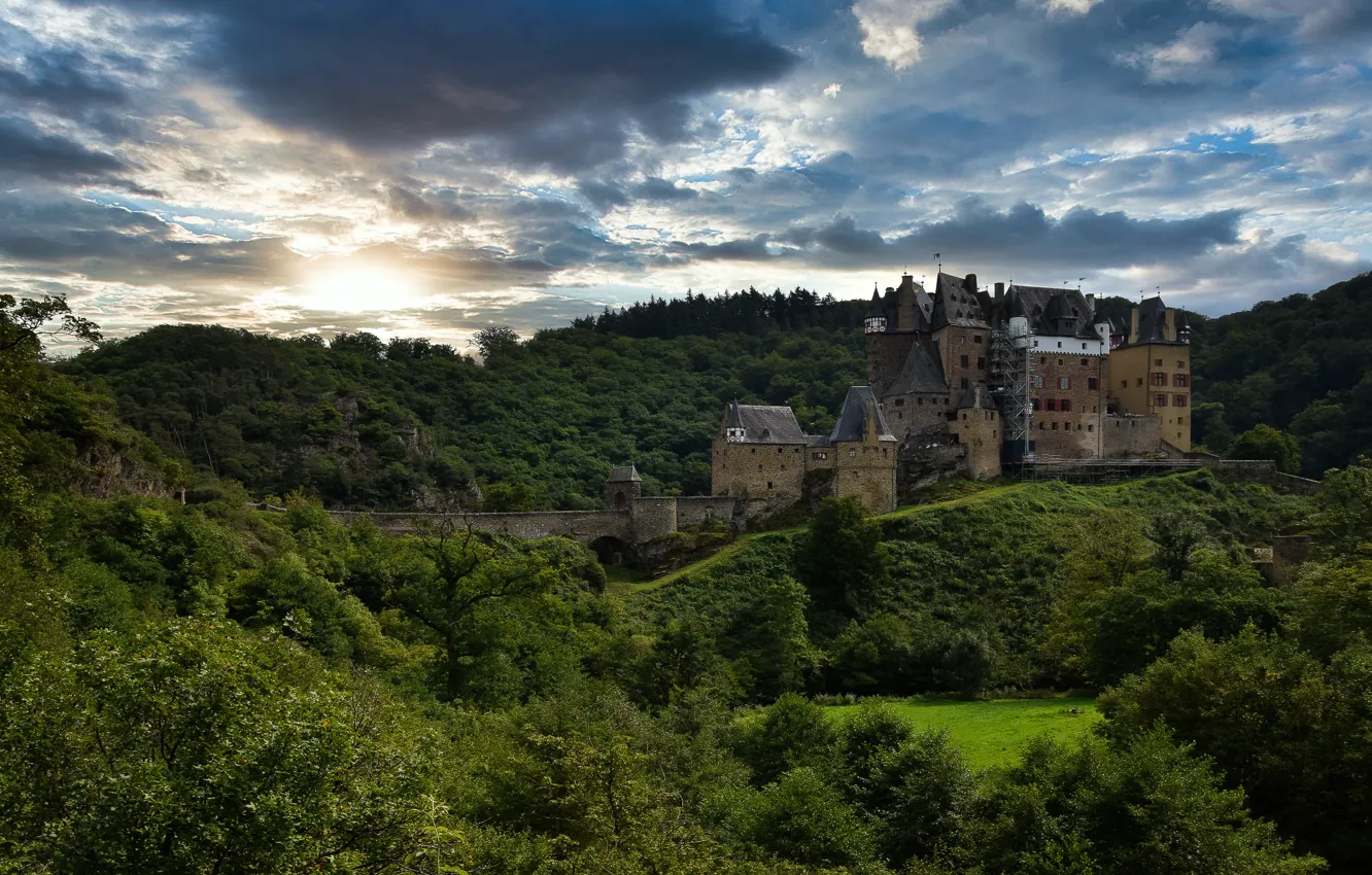 Photo wallpaper forest, clouds, trees, castle, hills
