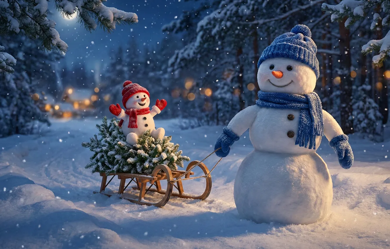 Photo wallpaper forest, snow, new year, art, snowman, sleigh, Christmas tree