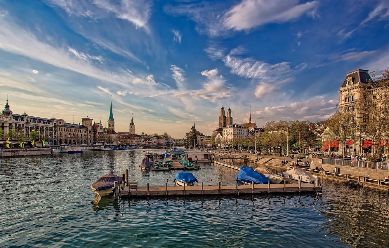 Photo wallpaper trees, river, tower, home, Switzerland, pier, promenade, Zurich