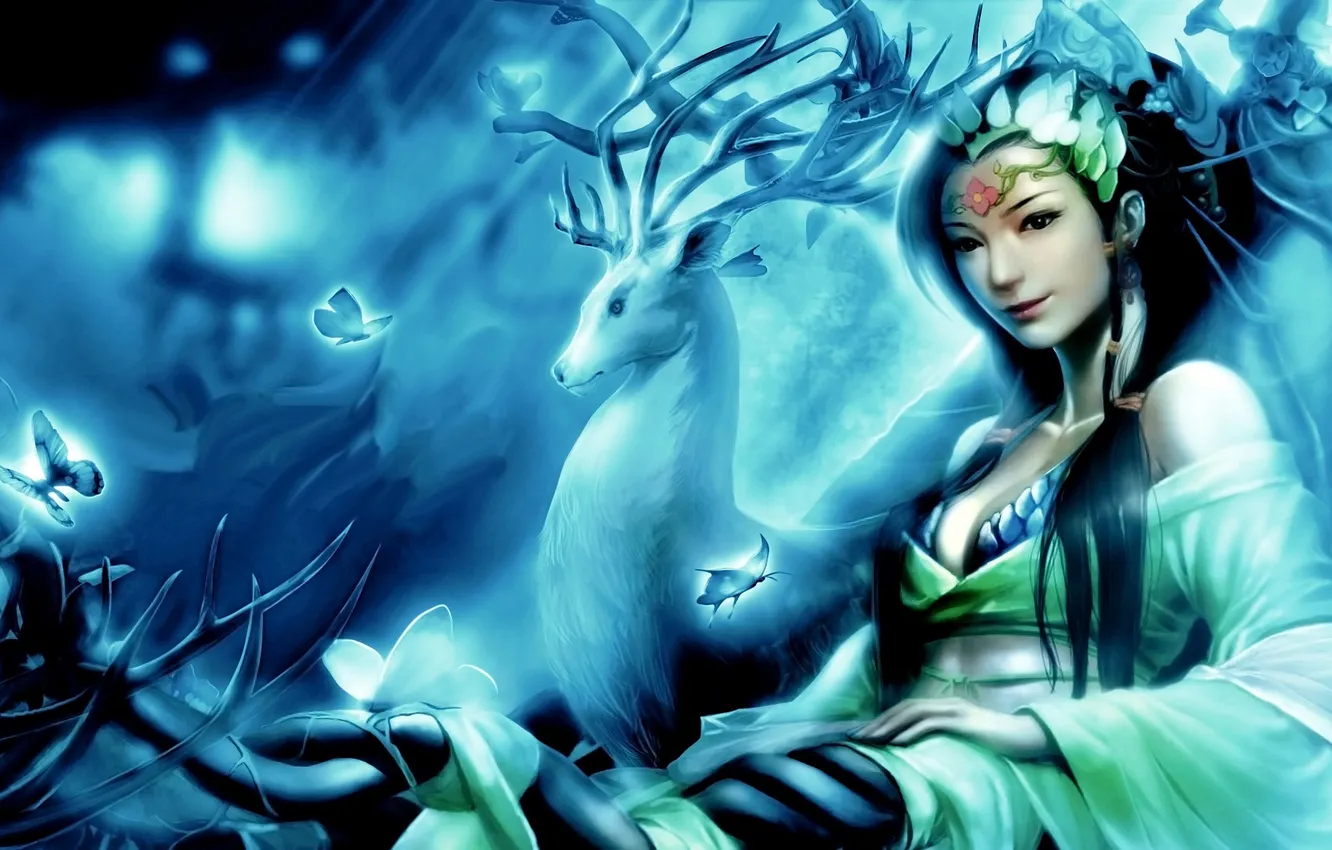 Photo wallpaper girl, butterfly, deer, horns, Dragon Sword